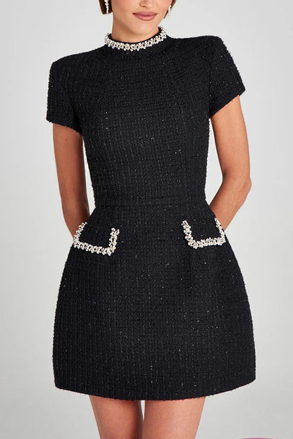 Tweed Mini Kleid Damen Kurzarm Perlenbesatz Eingrifftaschen