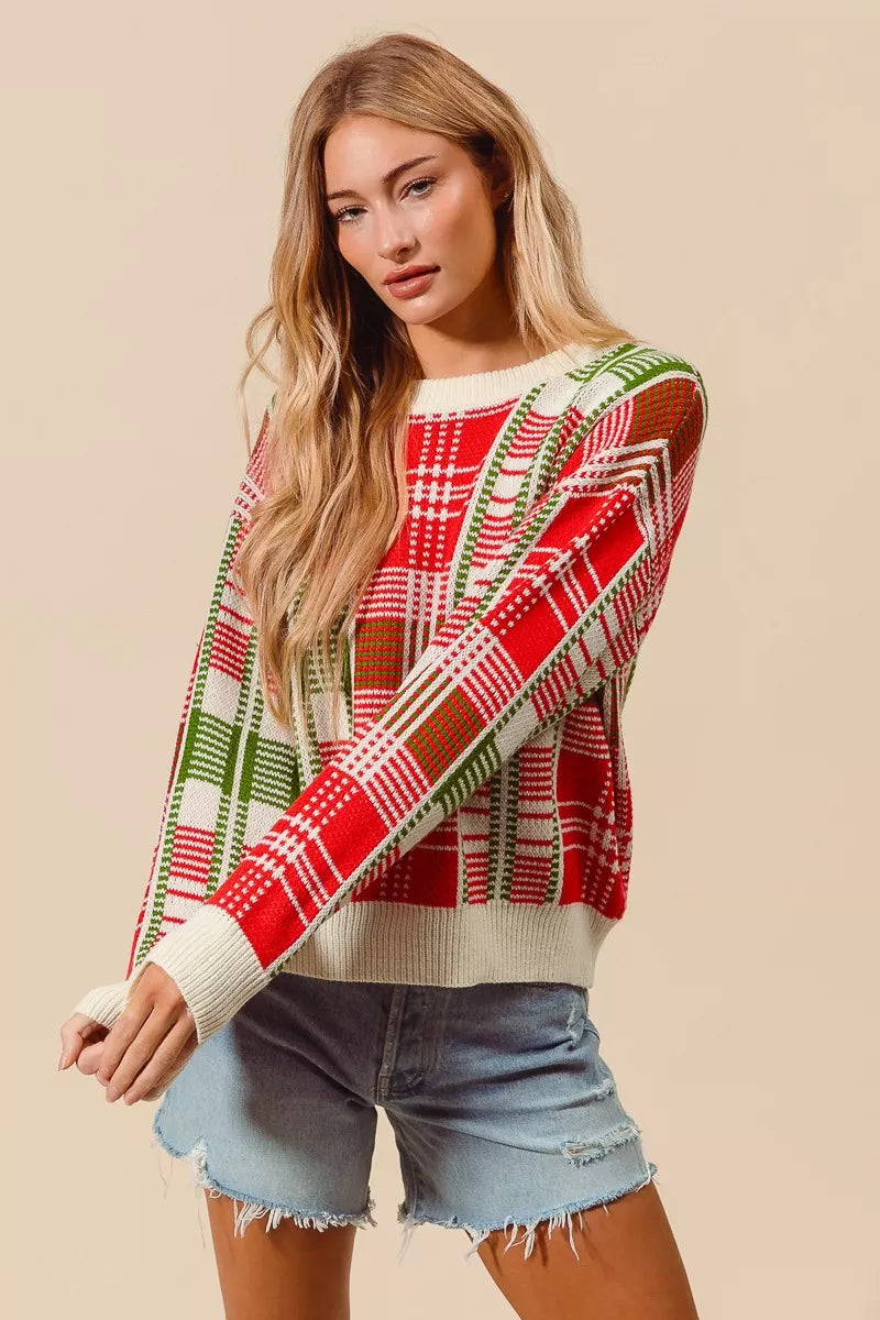 Weihnachtspullover Damen Karierter Rot Grün Rundhals