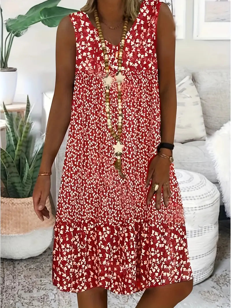 Damen Ärmelloses Sommerkleid V-Ausschnitt Weißes Blumenmuster Leicht - Norvielle