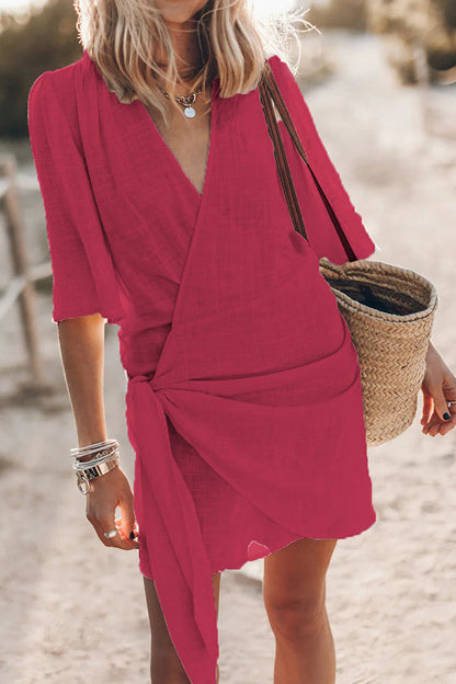 Damen Strandkleid Wickelausschnitt Leicht Sommerlich