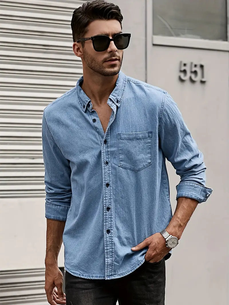 Herren Denim-Hemd Langärmelig Klassisch Blau - Norvielle