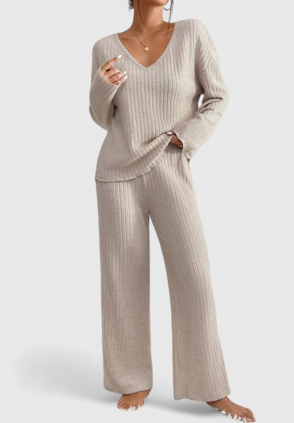 Damen Lounge-Set Rippstrick Weite Hose Beige - Norvielle