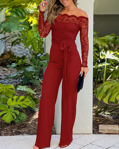 Damen Jumpsuit Weite Hose Spitze Eleganz
