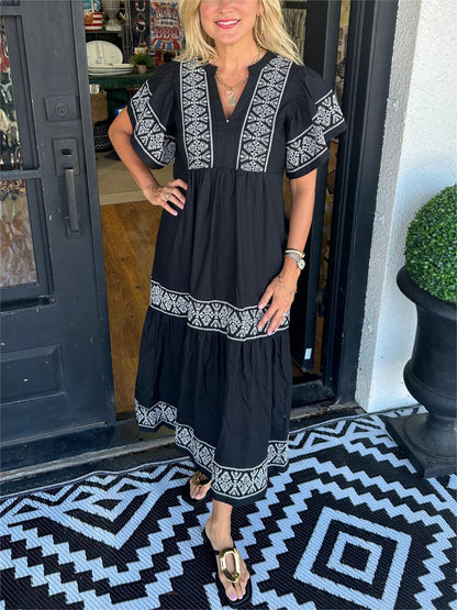 Damen Ibiza Style Midi Kleid V-Ausschnitt Weite Ärmel Lockere Passform - Norvielle