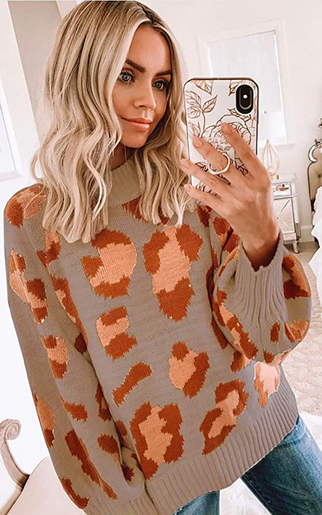 Damen Oversized Sweater Wollmischung Leopardenmuster Rundhals