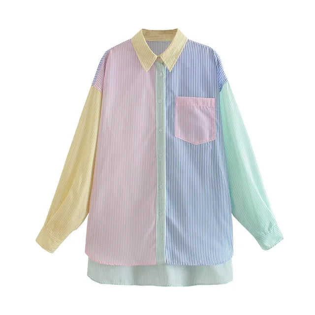Damen Oversize Bluse Reverskragen Mehrfarbig Streifen