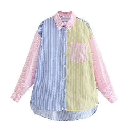 Damen Oversize Bluse Reverskragen Mehrfarbig Streifen