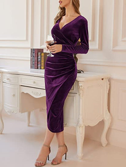 Samt Midikleid Damen Langärmelig Bodycon Schwarz - Norvielle