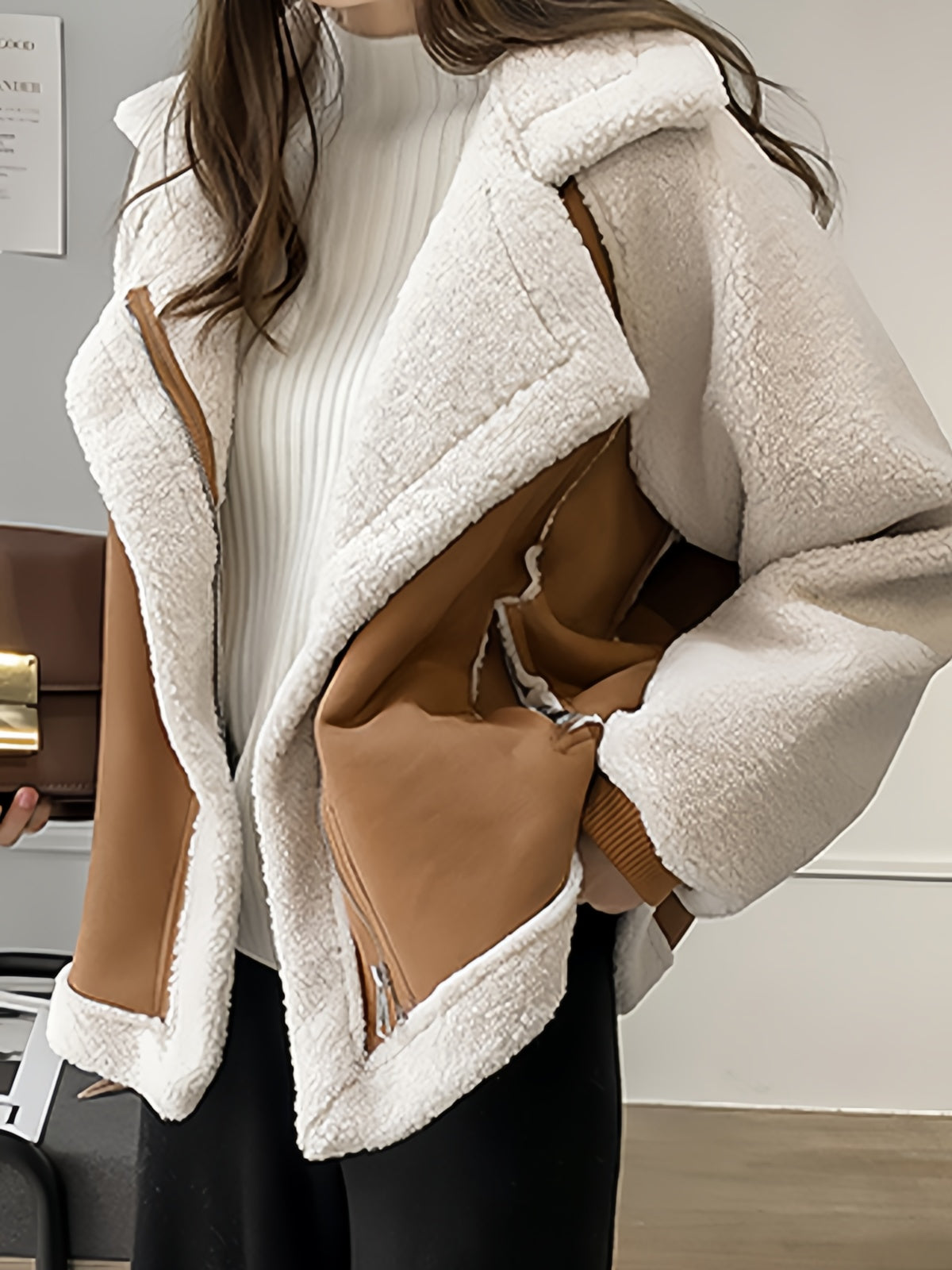 Vegane Wildlederjacke Damen Oversize Reverskragen