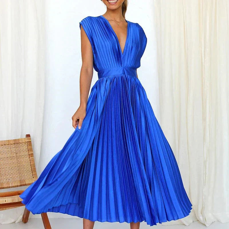 Damen Abendkleid Plissiert V-Ausschnitt Elegantes Fließendes