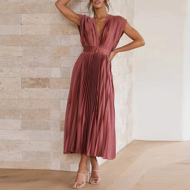 Damen Abendkleid Plissiert V-Ausschnitt Elegantes Fließendes