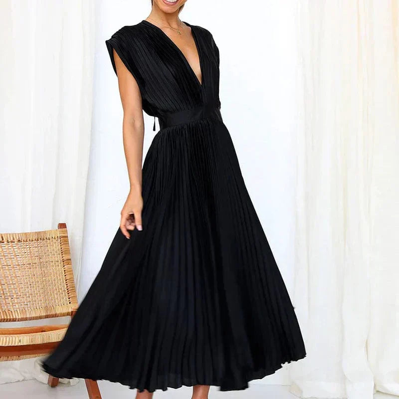 Damen Abendkleid Plissiert V-Ausschnitt Elegantes Fließendes