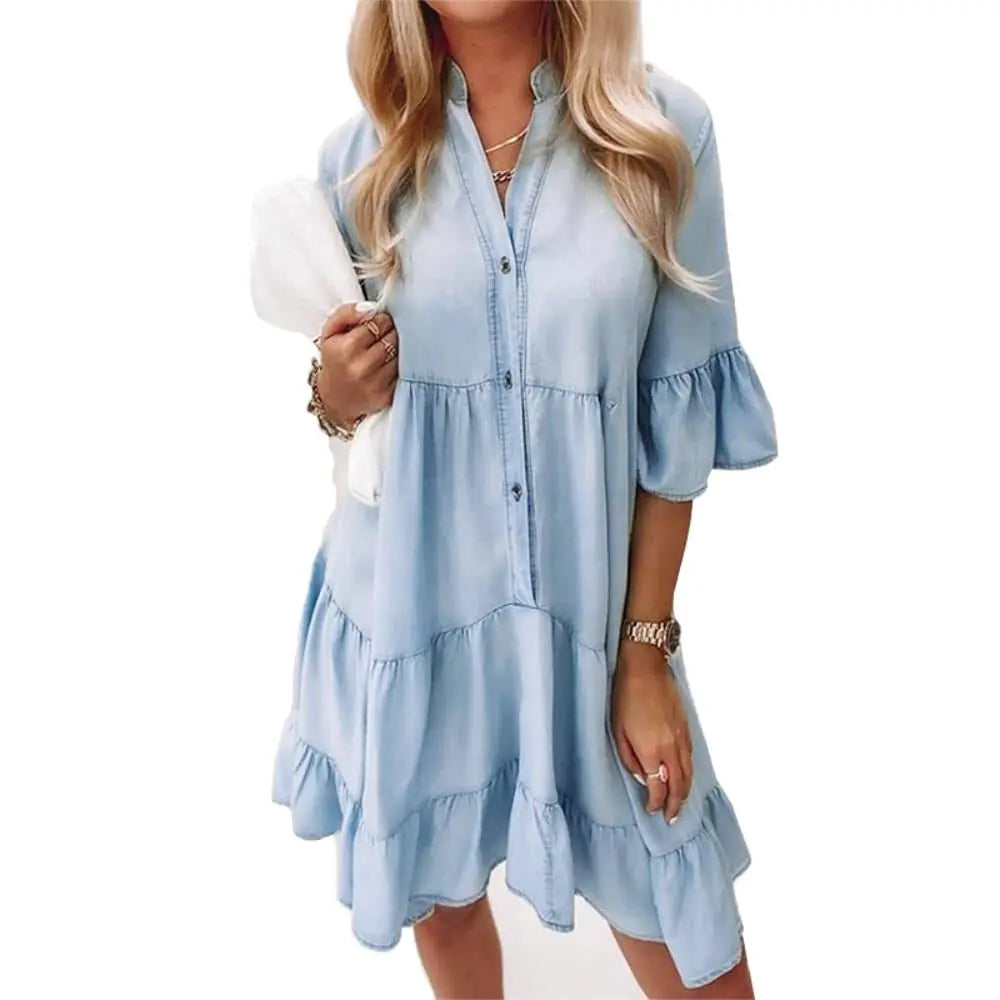 Damen Jeanskleid V-Ausschnitt Knöpfe Blau - Norvielle
