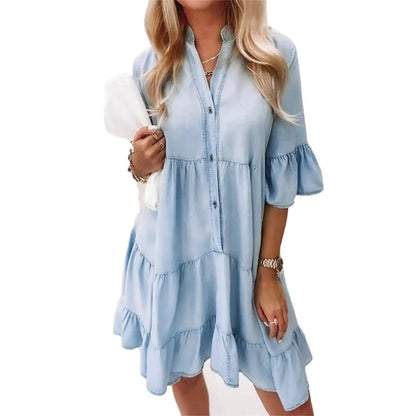Damen Jeanskleid V-Ausschnitt Knöpfe Blau - Norvielle