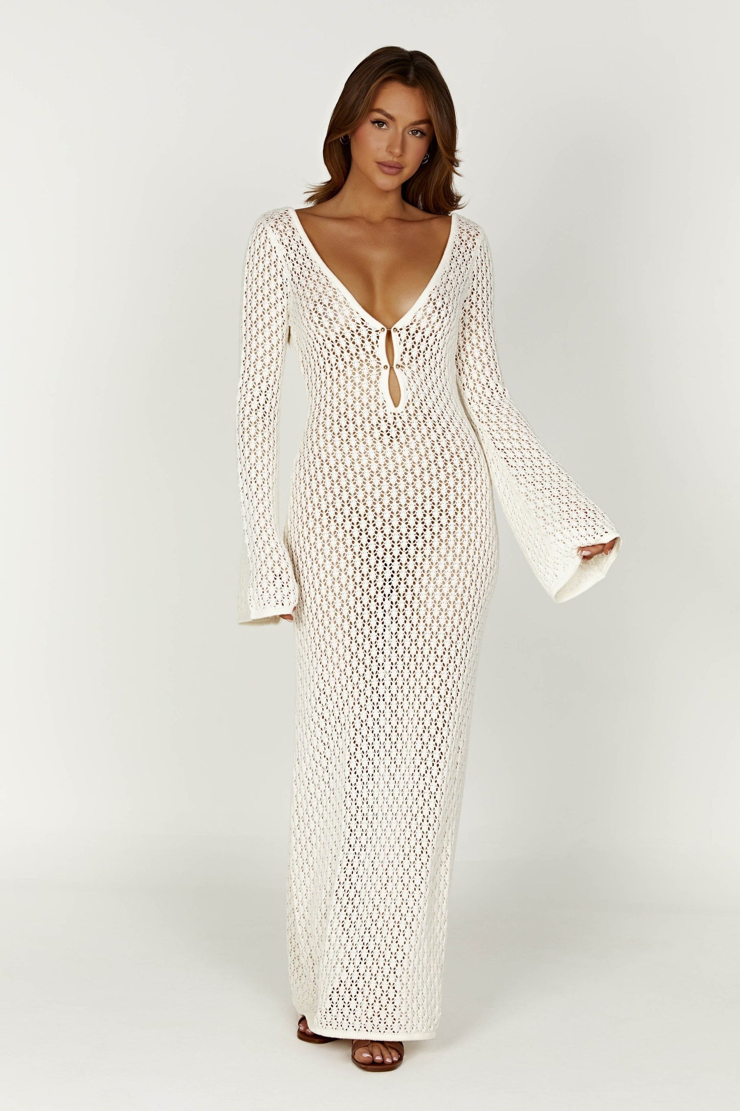 Damen Maxi-Kleid Häkeloptik Tiefes Dekolleté Länge Langärmlig - Norvielle