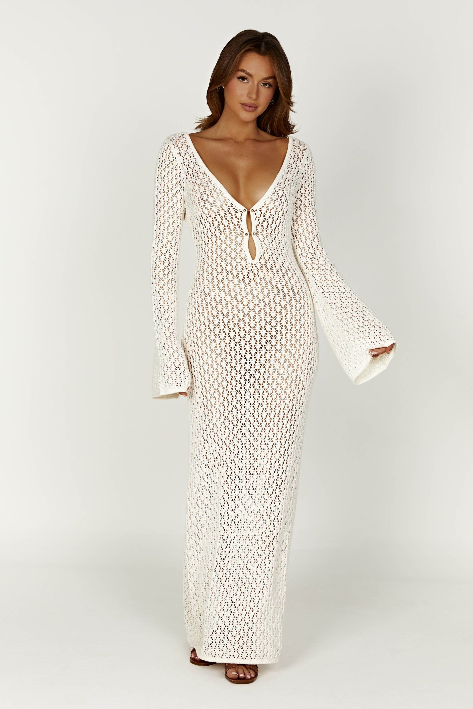 Damen Maxikleid Häkeloptik Tiefes Dekolleté Lange Ärmel - Norvielle