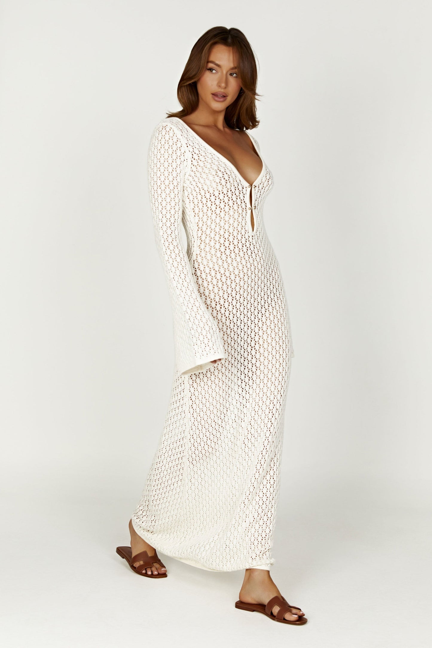 Damen Maxi-Kleid Häkeloptik Tiefes Dekolleté Länge Langärmlig