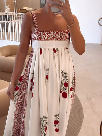 Damen Maxi-Kleid Träger Boho-Stil Blumenmuster Luftig