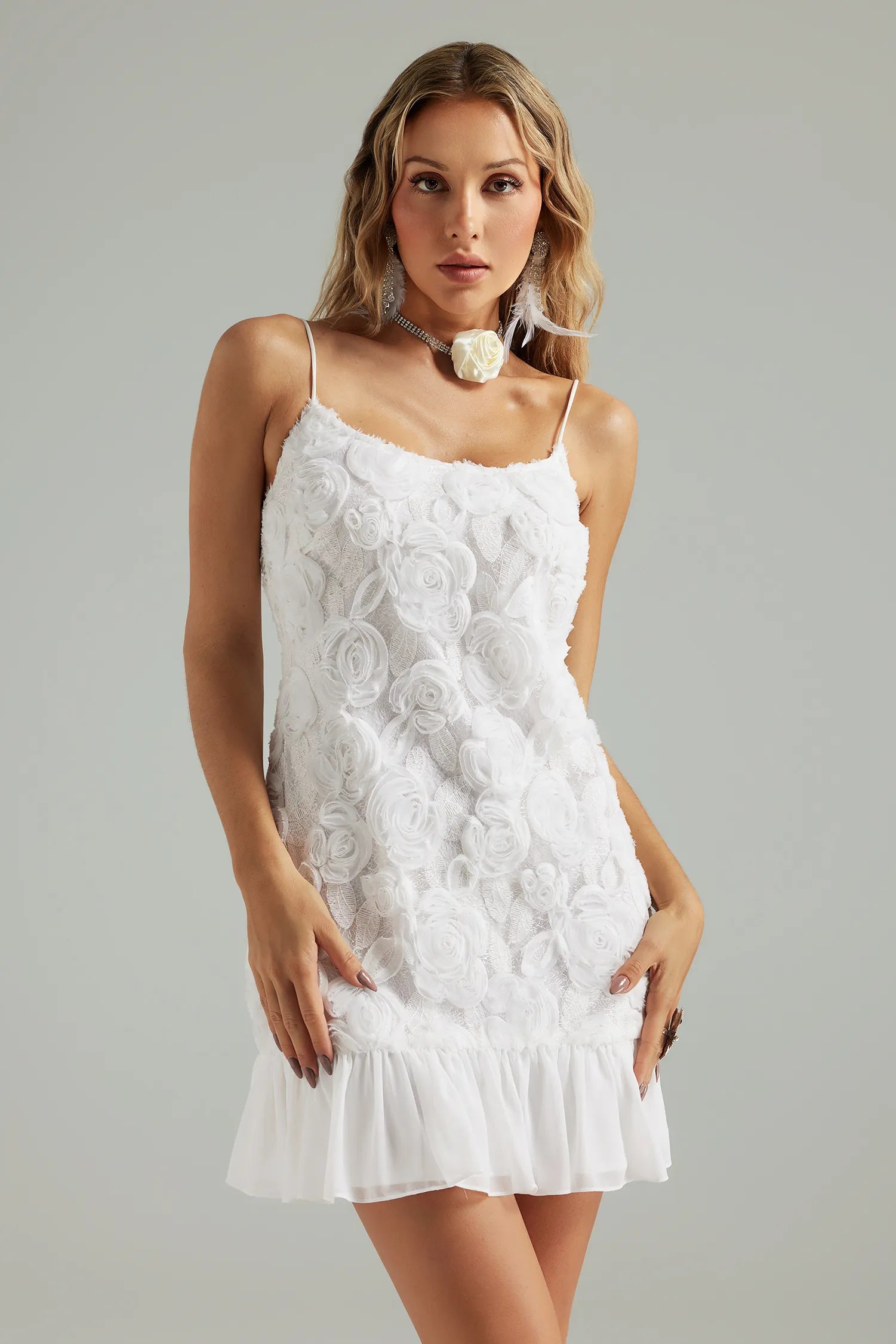 Damen Kleid 3D-Blumenmuster Spaghettiträger Kurz - Norvielle