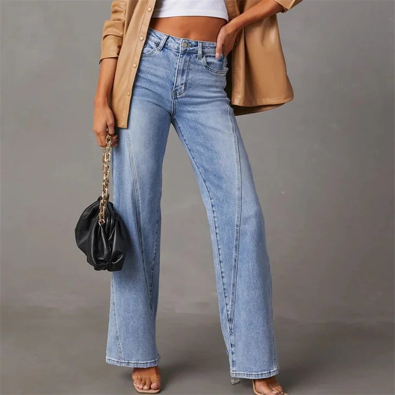 Damen High-Rise Jeans Weite Beine Denim Blau - Norvielle