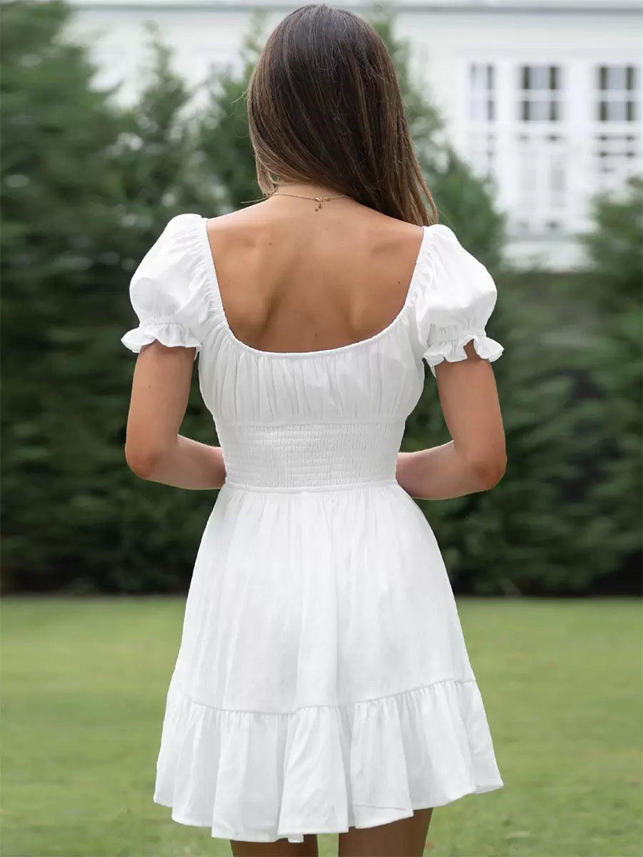 Damen Sommerkleid Puffärmel Rüschenrock
