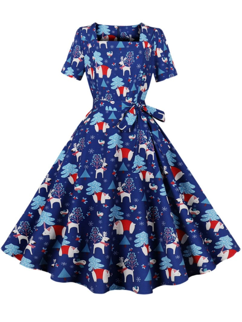 Damen Rockabilly Kleid Florales Karomuster