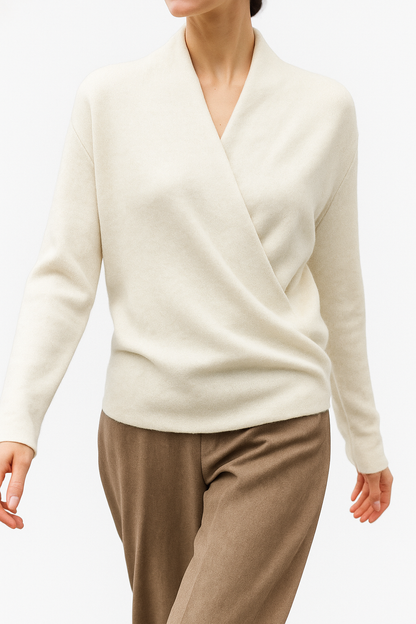 Damen Wickelpullover V-Ausschnitt Wollig Beige