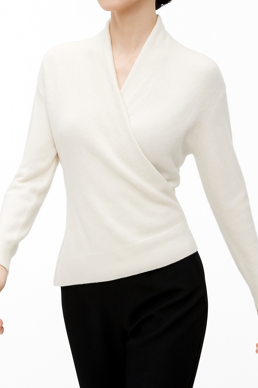 Damen Wickelpullover V-Ausschnitt Wollig Beige