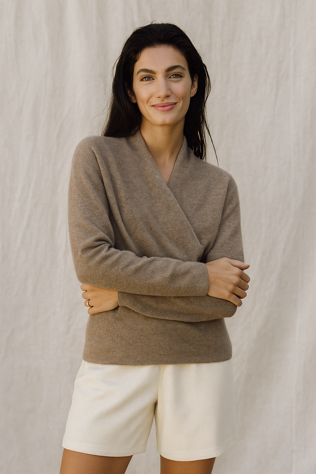 Damen Wickelpullover V-Ausschnitt Wollig Beige