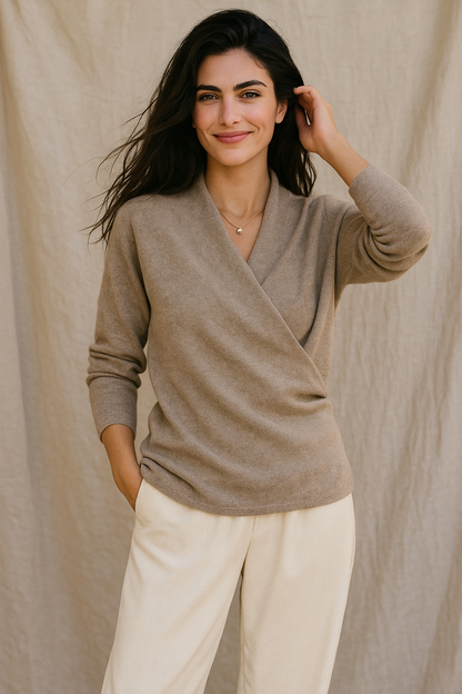 Damen Wickelpullover V-Ausschnitt Wollig Beige