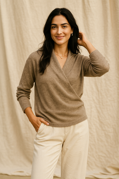 Damen Wickelpullover V-Ausschnitt Wollig Beige