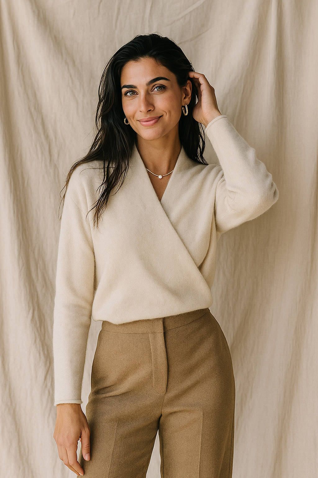 Damen Wickelpullover V-Ausschnitt Wollig Beige