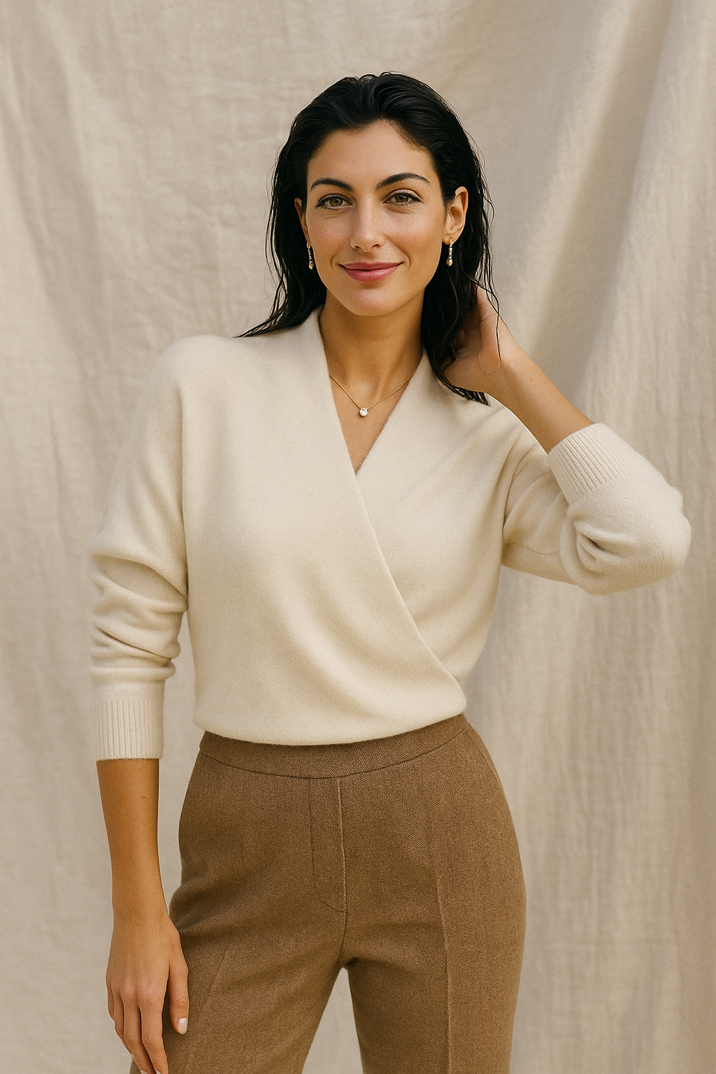 Damen Wickelpullover V-Ausschnitt Wollig Beige