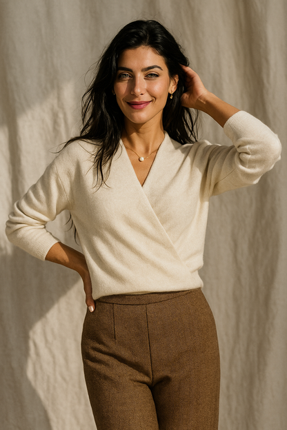 Damen Wickelpullover V-Ausschnitt Wollig Beige