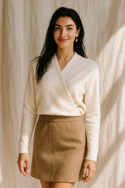 Damen Wickelpullover V-Ausschnitt Wollig Beige
