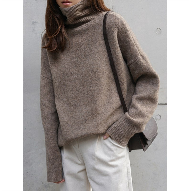 Damen Rollkragenpullover Weich Oversize Beige
