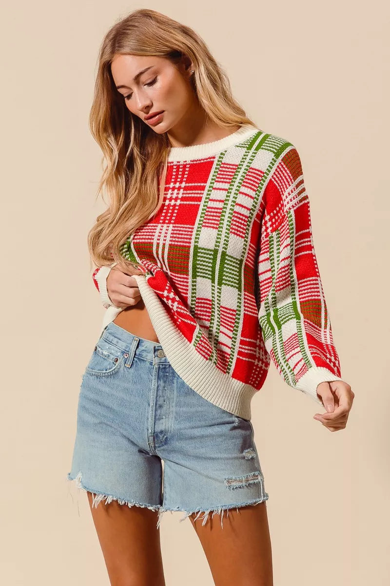 Weihnachtspullover Damen Karierter Rot Grün Rundhals