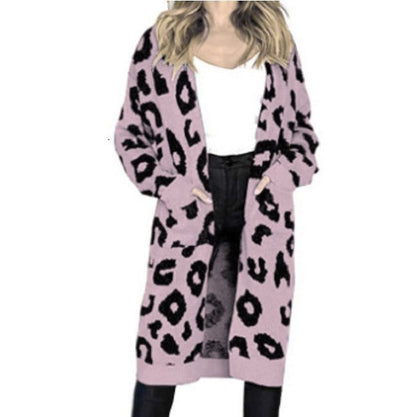 Damen Cardigan Grobstrick Animal-Print mit Taschen