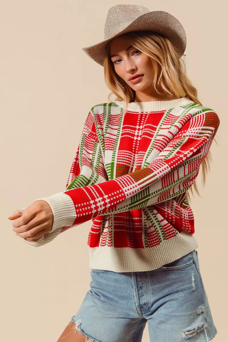 Weihnachtspullover Damen Karierter Rot Grün Rundhals