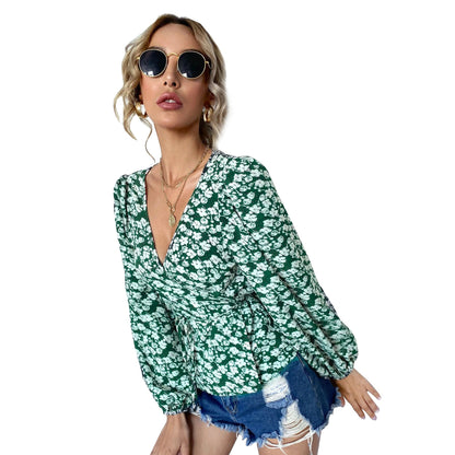 Damen Wickelbluse Floralmuster Puffärmel Norvielle