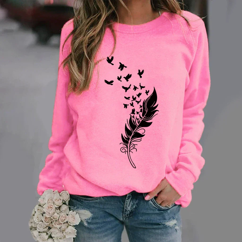 Damen Sweatshirt Baumwollmischung Locker Rundhals Grau