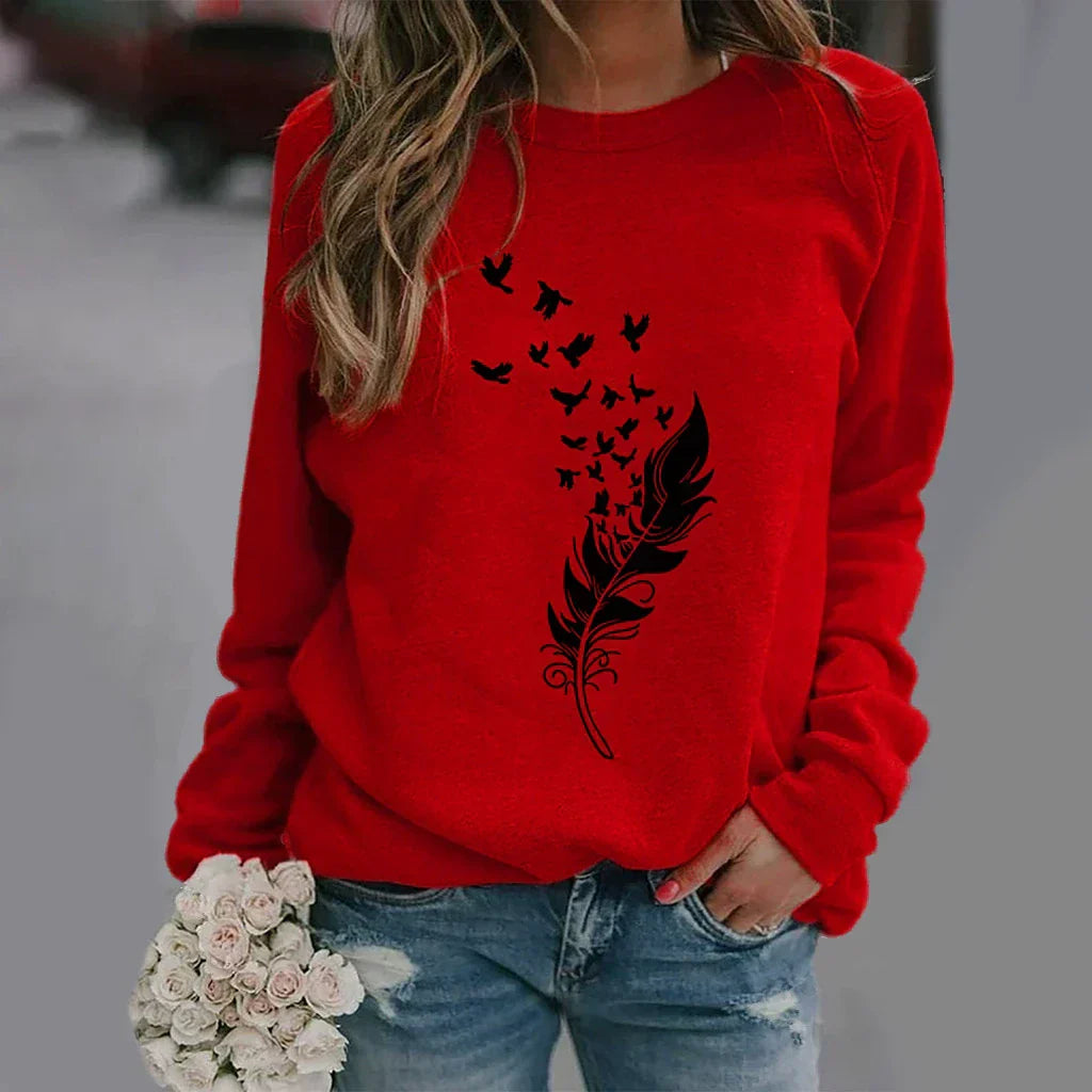 Damen Sweatshirt Baumwollmischung Locker Rundhals Grau