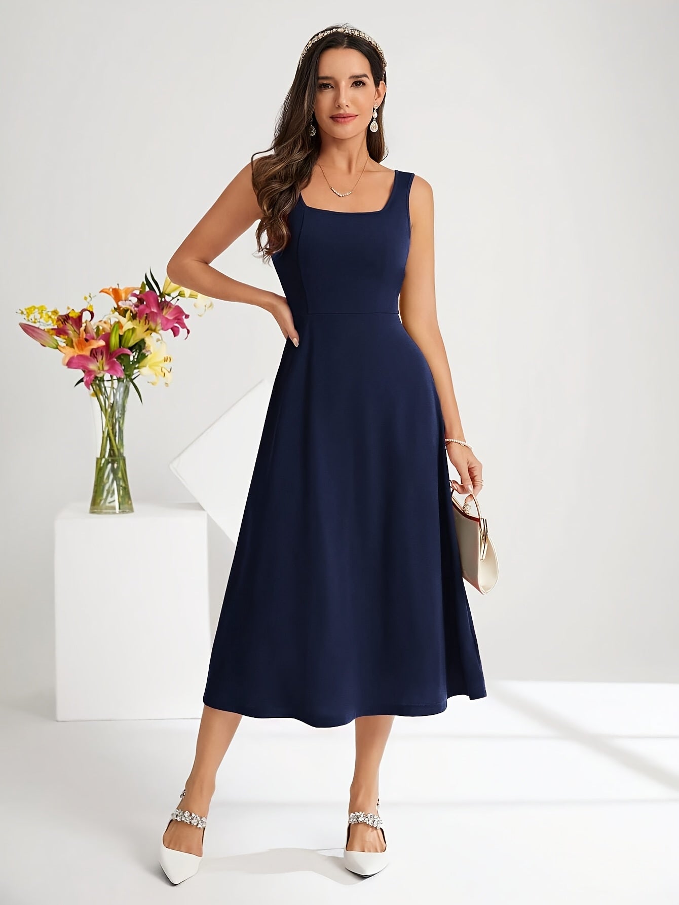 Norvielle Damen Kleid mit Trägern Dunkelblau