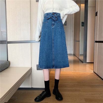 Damen Denim Midi-Rock Abnehmbarer Gürtel