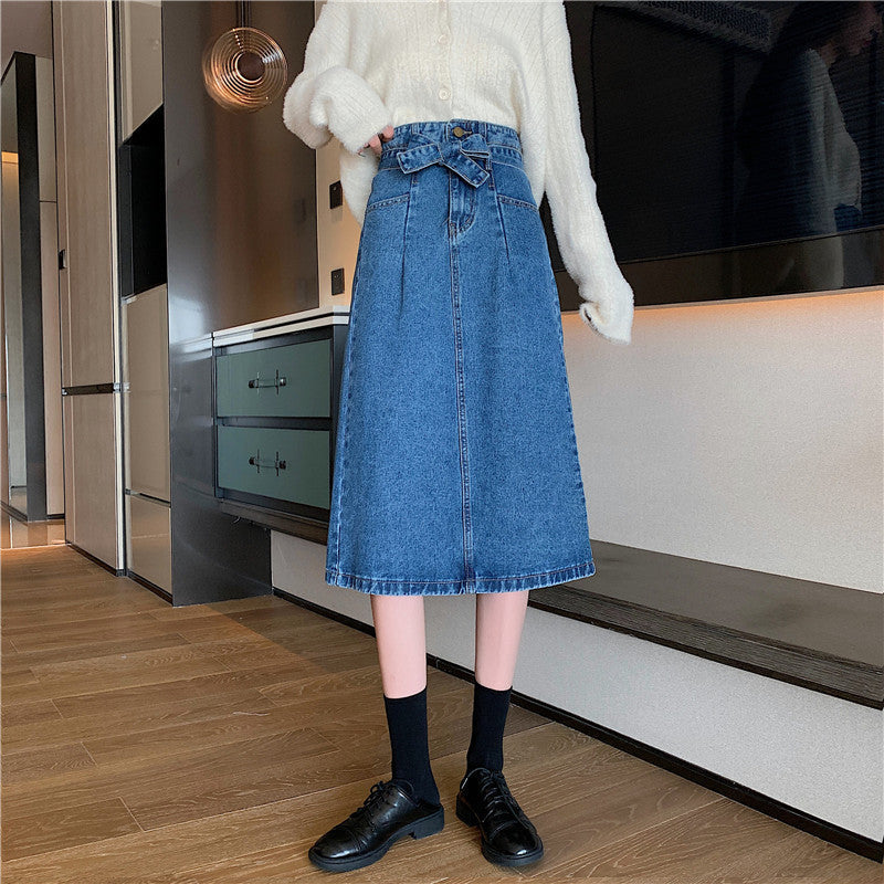 Damen Denim Midi-Rock Abnehmbarer Gürtel Blau - Norvielle