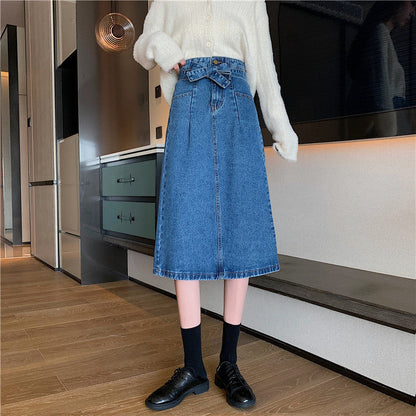 Damen Denim Midi-Rock Abnehmbarer Gürtel Blau - Norvielle