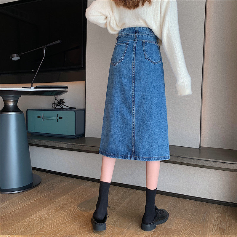 Damen Denim Midi-Rock Abnehmbarer Gürtel