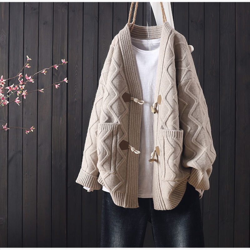 Damen Grobstrickcardigan Zopfmuster Merino Norvielle Beige
