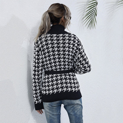 Damen Strickjacke Karomuster Mit Taillengurt Norvielle