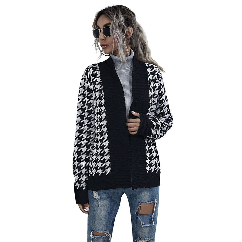 Damen Strickjacke Karomuster Mit Taillengurt Norvielle